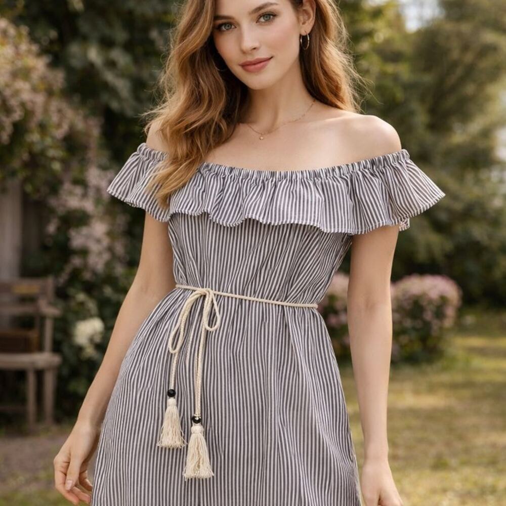 You and I Off Shoulder Dress Womens Sz L Cottagecore Boho Nautical Stripe Ruffle